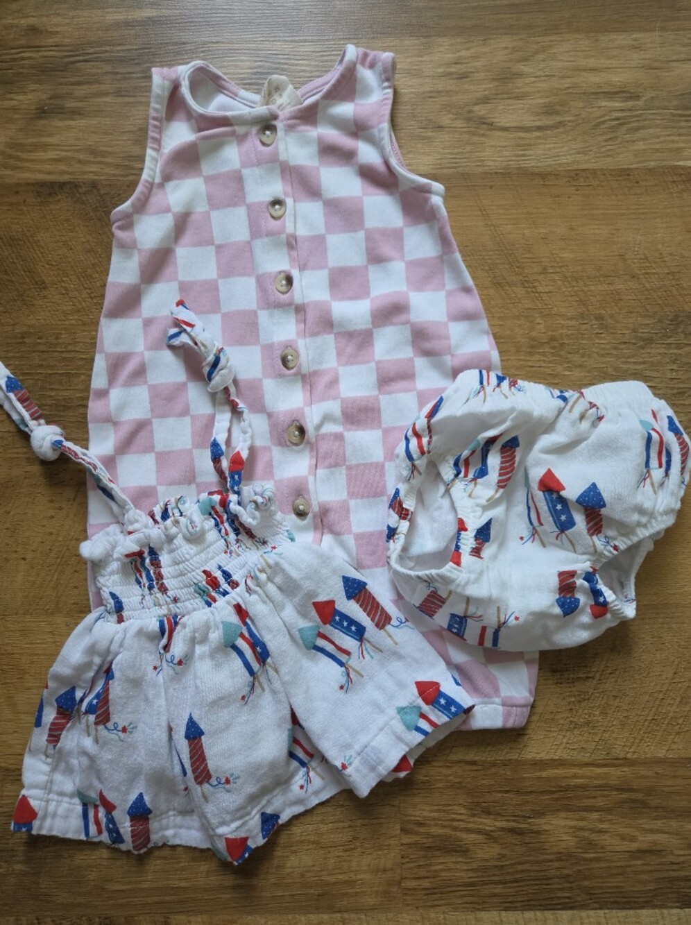 SIIX Strawberry Shortcake Checkerboard Jumpsuit & Red/White/Blue Smocked Set